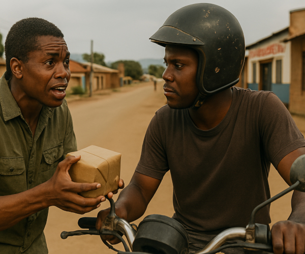 A customer urgently asking a motorcycle rider to deliver a package