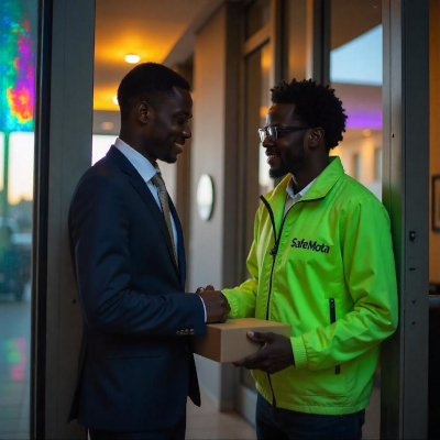 A young business man in a suit receiving a delivery package