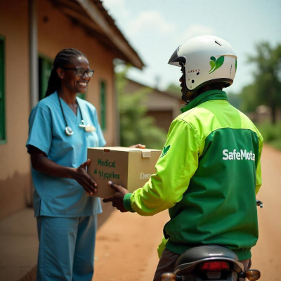 A healthcare worker in scrubs outside a rural clinic gratefully accepting a delivery box