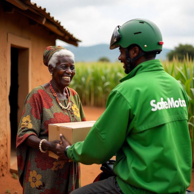 And eldelry woman recieving a delivery package in the village