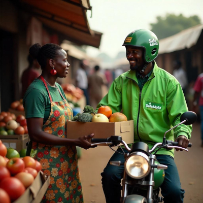 A market vendor in a colorful apron receiving fresh produce from a rider