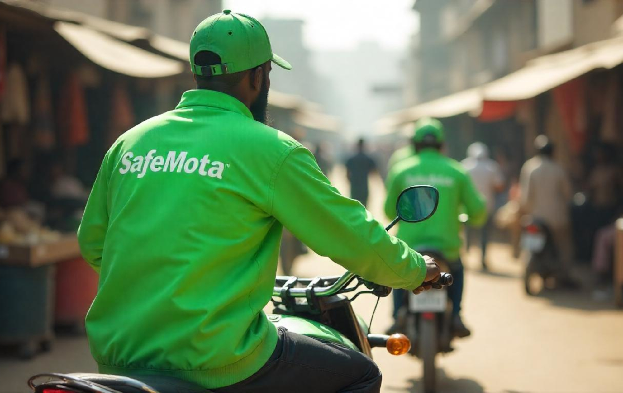 A SafeMota Bike Rider wearing a branded jersey